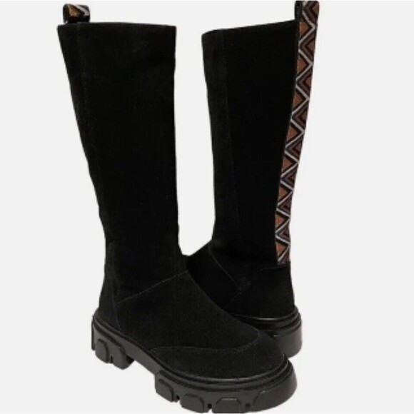 Farm Rio Back Embrodery Ribbon Black Suede Tall Boots Sz 6 New W/O Tags - Picture 1 of 11